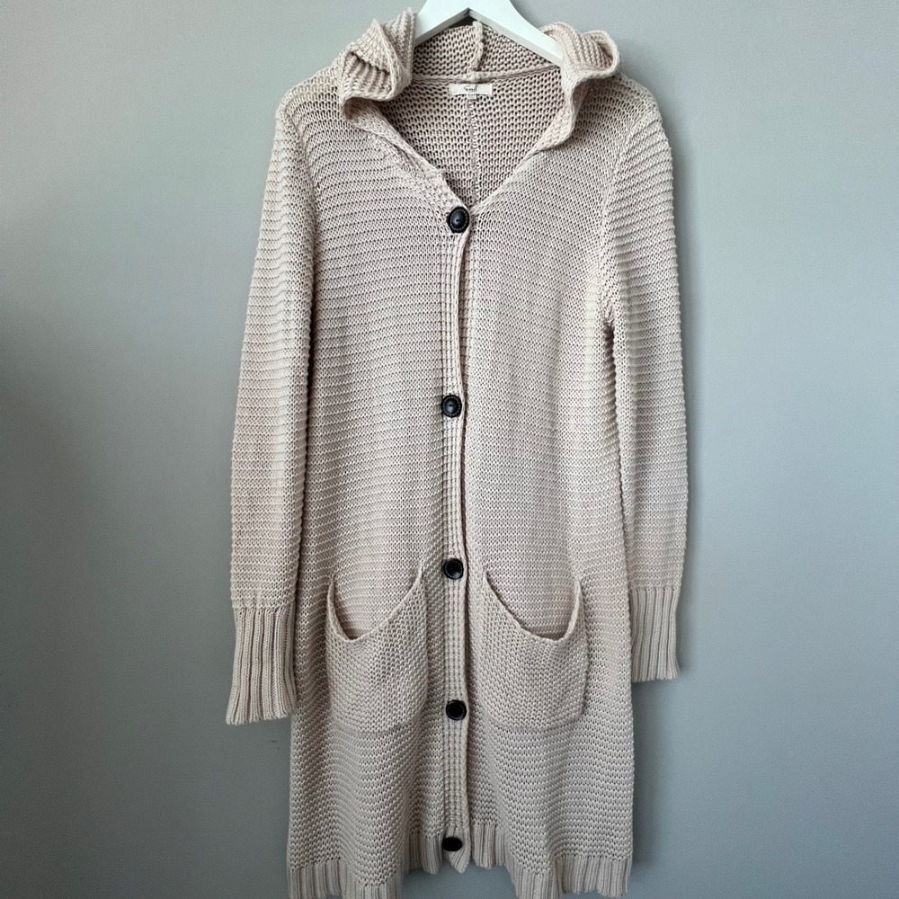 Easel Long Loose Knit Hooded Cardigan Womens S/M Beige Cotton Boho‎ Coastal